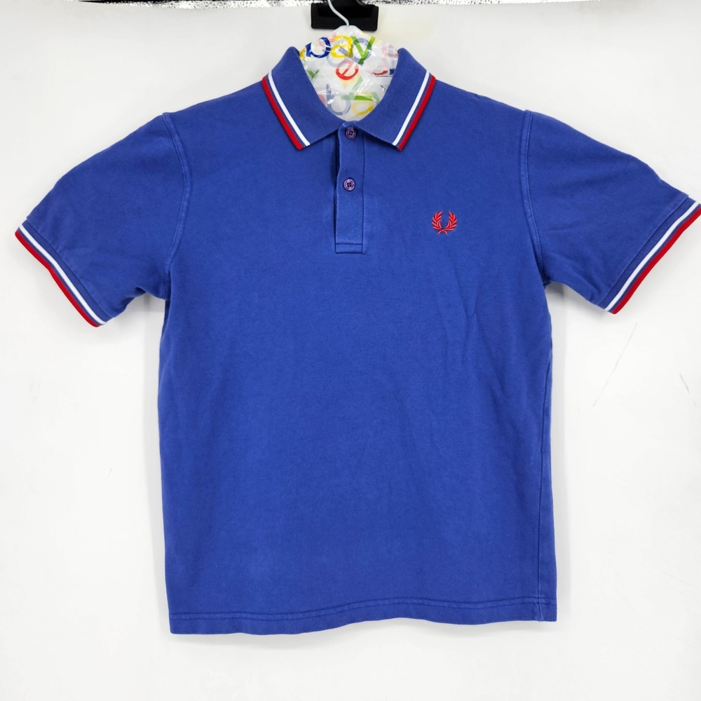 Fred Perry Polo Shirt Mens Medium Blue Striped Collar Casual Short Sleeve
